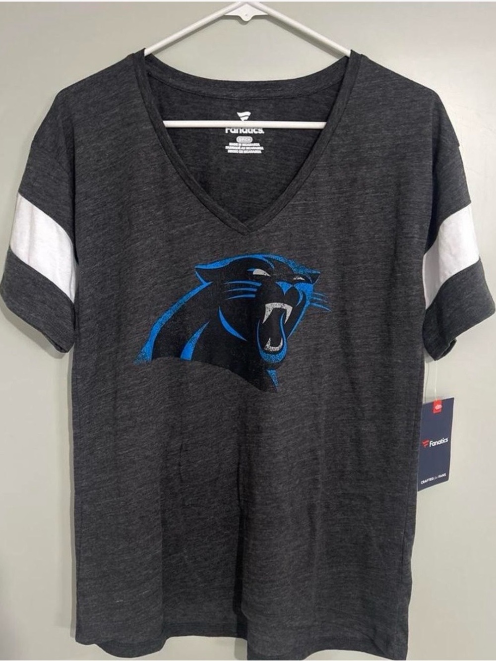 Fanatics Men’s Carolina Panthers Dark Gray V-Neck Tee with Blue Logo